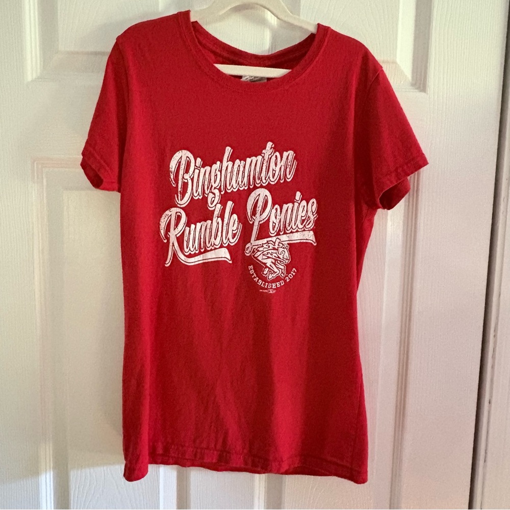 Gildan Women’s Binghamton Rumble Ponies Graphic T-Shirt Red Cotton Small